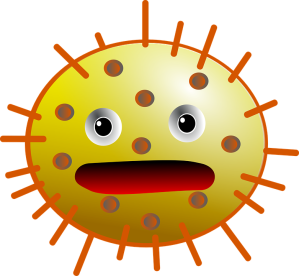 איור של חיידק עם פנים מצחיקות, בצבעים צהוב ואדום.