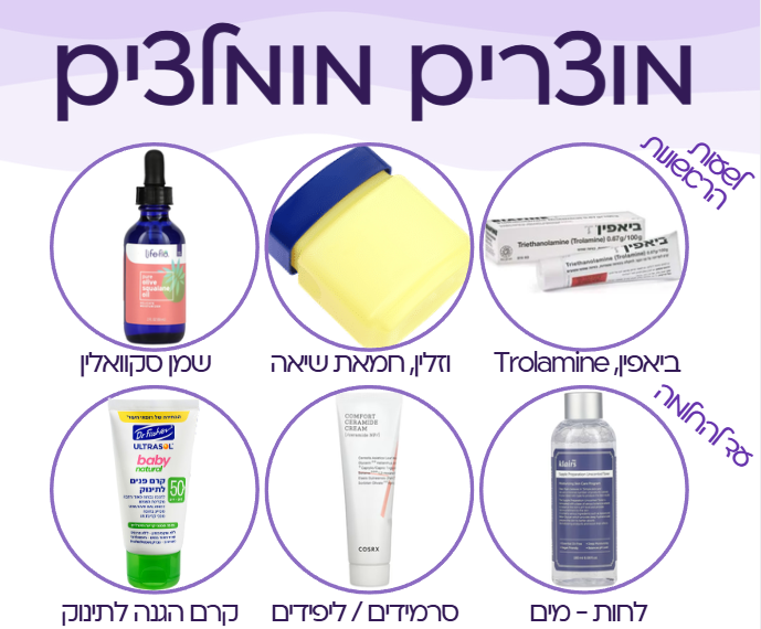 תמונה של מוצרי טיפוח לעור רגיש, כולל שמן סקוואלין, מסכת שיאה, קרם הגנה לתינוקות, תכשירים מפנקים ומוצרי לחות.