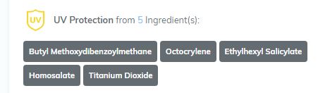 תמונה של רכיבי הגנה מפני UV מקרם הגנה. מופיעים מרכיבים כמו Butyl Methoxydibenzoylmethane, Octocrylene, Ethylhexyl Salicylate, Homosalate ו-Titanium Dioxide.