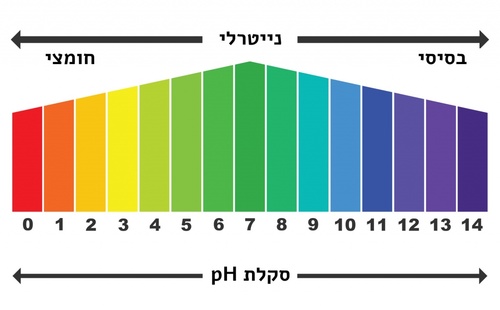 סולם pH המראה את מידת חומציות או בסיסיות של תמיסות, עם צבעים מ-0 (חומצי מאוד) עד 14 (בסיסי מאוד), כאשר 7 הוא ניטרלי.