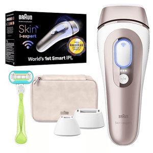 מכשיר אפילציה של ברון, דגם Skin i-expert IPL, כולל אריזת קניות, ראש גילוח, שני ראשים נוספים וכיסוי.
