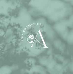 לוגו של אסיף קוסמטיקה על רקע בצבע ירוק בהיר עם צלליות צמחייה.