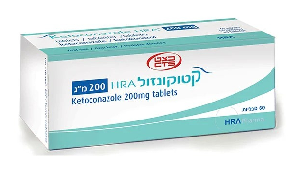 אריזת תרופה Ketoconazole 200mg עם 60 טאבלטים, המיועדת לטיפול בסבוריאה דרמטיטיס.