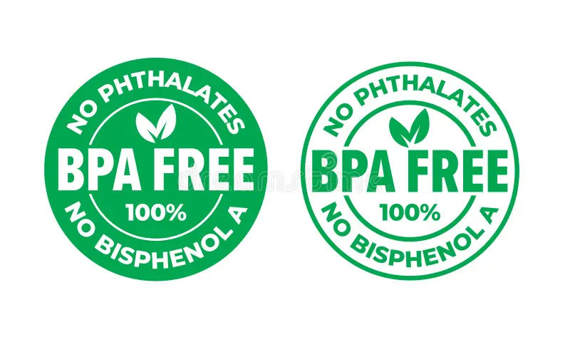 Two green circular labels displaying 'No Phthalates' and 'BPA Free 100%', with a leaf symbol, emphasizing the absence of harmful chemicals.