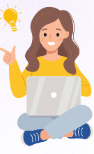 אילוסטרציה של אישה צעירה יושבת על הרצפה עם מחשב נייד, מחייכת ומצביעה בעזרת אצבע על רמזור, עם נורת רעיון מעל לראשה.