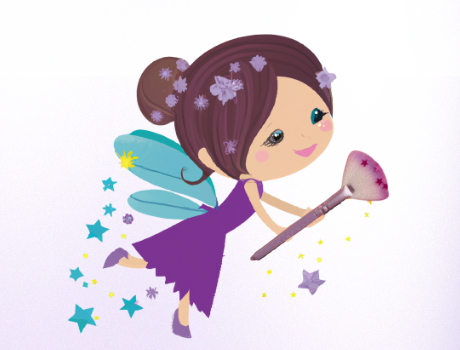 איור של פיה קסומה מחזיקה מברשת עם אבקת כוכבים סביבה, עטופה בכנפיים כחולות וחלוק סגול.