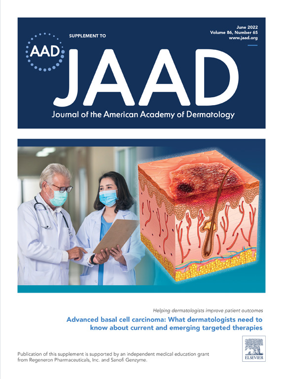Cover of the Journal of the American Academy of Dermatology featuring medical professionals discussing advanced basal cell carcinoma, with an illustration of skin layers and a tumor.