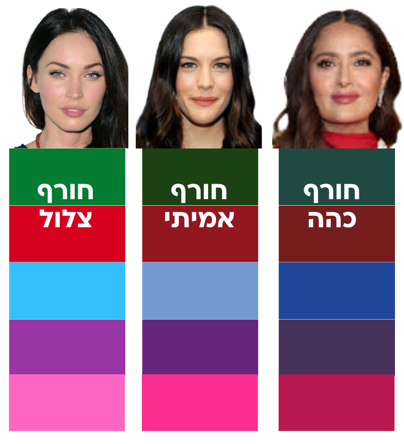 שתי נשים עם גוון עור שונה מציגות פלטת צבעים שמתאימה לכל עונה: חורף, אביב, קיץ וסתיו.