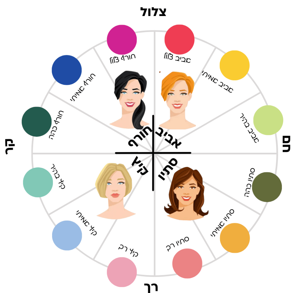 גרף צבעים המציג ארבע קבוצות צבע שונות עם איורים של נשים. כל קבוצת צבע מייצגת עונה שונה – אביב, קיץ, סתיו וחורף.