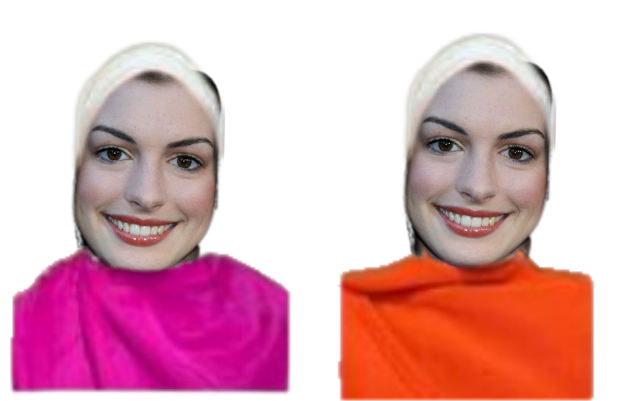 Image showing a woman with a smiling face, on the left wearing a pink drape and on the right wearing an orange drape, demonstrating color analysis.