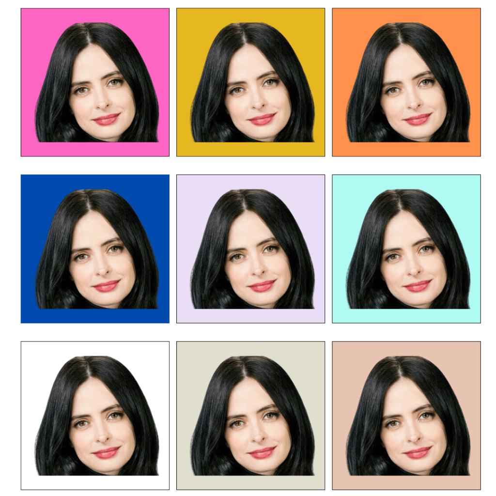 Collage of a woman with dark hair in nine squares, each featuring her face against different colored backgrounds.