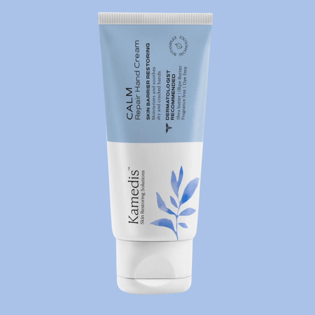 Tube of Kamedis CALM Repair Hand Cream with a blue and white design, labeled as skin barrier restoring and dermatologist recommended.