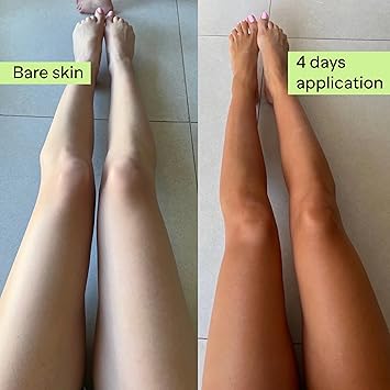 Comparison of bare skin and skin after 4 days of self-tanning application, showing a significant tan difference.
