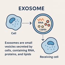 איור המסביר את מושג האקסוזומים, כולל תיאור של תהליך שחרור האקסוזומים מתא אחד וקבלתם על ידי תא אחר. בתמונה מופיעים איורים גרפיים של תאים ושל מידע כמו RNA, חלבונים וליפידים שהם החומרים שבאקסוזומים.