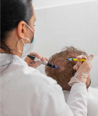 רופא/ה מבצע/ת טיפול באקסוזומים בקרקפת של מטופל, תוך שימוש במכשירים מיוחדים להזרקת חומרים לשיפור צמיחת השיער.