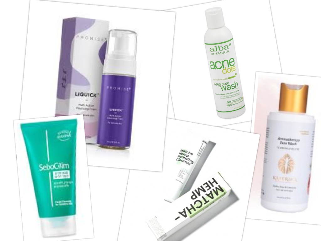 תמונת מוצרים שונים לתהליך ניקוי פנים, כולל שפורפרות של סבון, קצף ושמנים לניקוי.