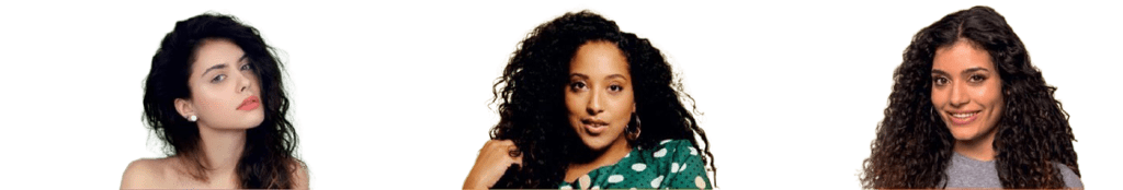 שלוש נשים עם שיער מתולתל, כל אחת מציגה סגנון שונה ועיצוב שיער ייחודי.