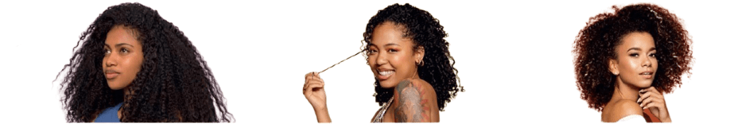 שלוש נשים עם תסרוקות מתולתלות ושיער סמיך, כל אחת מהן מציגה סגנון שונה של תלתלים: אחת עם תלתלים גדולים, שנייה מחייכת עם תלתלים בגובה בינוני, ושלישית עם קצוות עגולים.