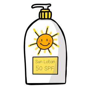 ביקבוק עם מדבקה של קרם הגנה לשמש, SPF 50, עם סמלי שמש וצבעים בהירים.