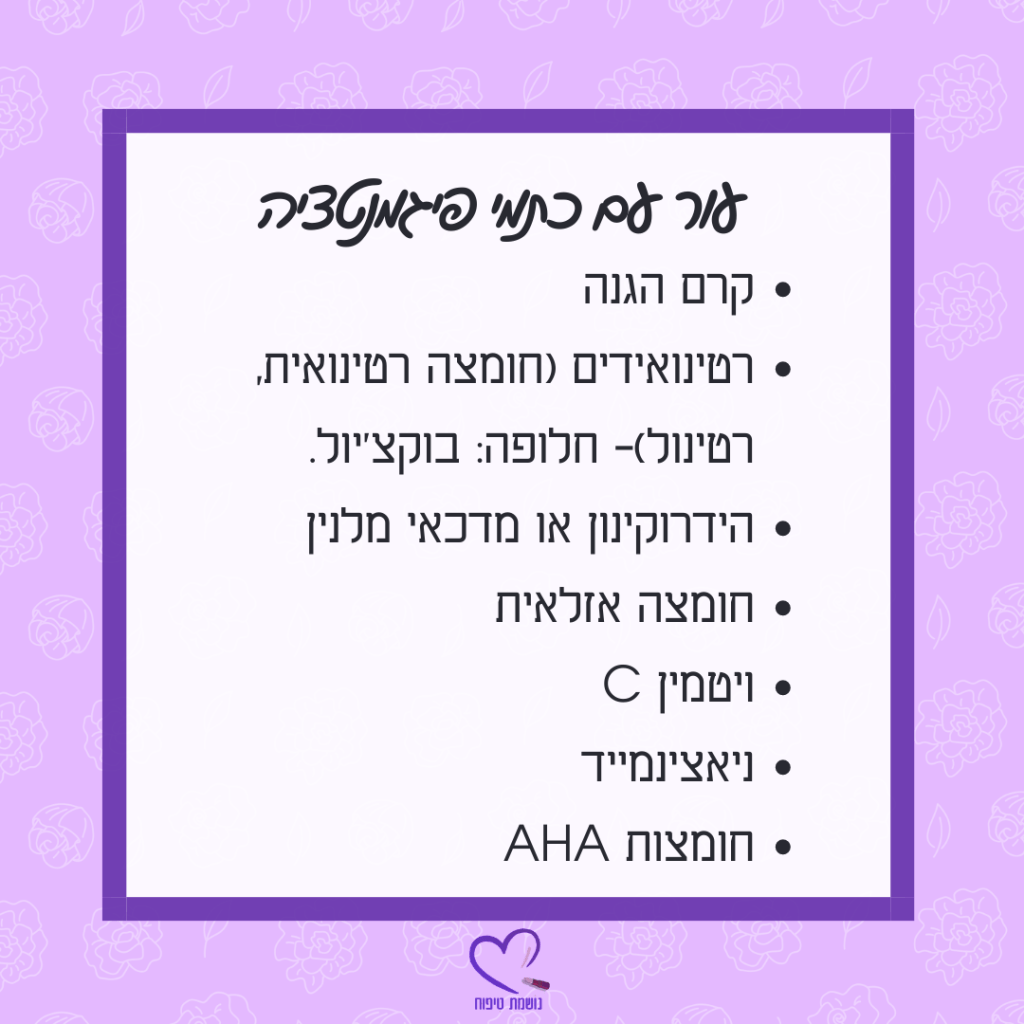 תמונה עם רשימה של מרכיבים טיפוח עור מומלצים, כוללת: קרם הגנה, רטינואידים, חומצה אזלאית, ויטמין C, ניאצינמייד וחומצות AHA, על רקע סגול ואזורים מעוגלים.