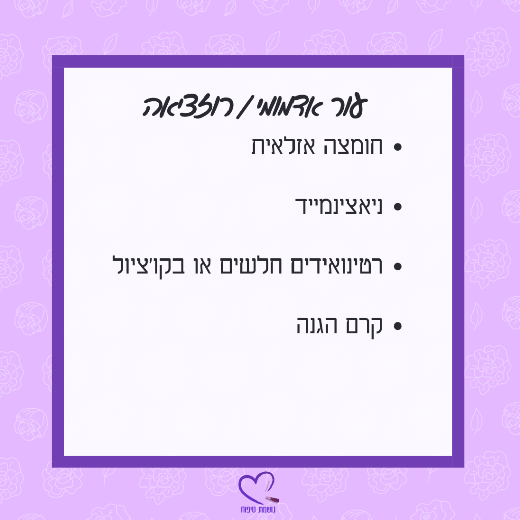 תמונה של רשימת רכיבים מומלצים לטיפול בעור אקנתי, כולל חומצה אזלאית, ניאצינמיד, רטינואידים חלשים או בקיצ'ול, וקרם הגנה על רקע סגול עם דוגמאות לציורים פרחוניים.